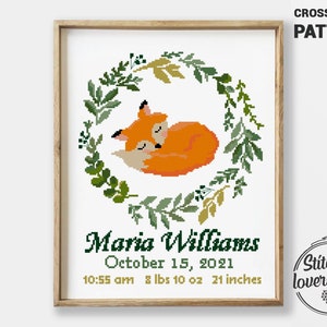 Patrón de punto de cruz para anunciar el nacimiento de un animal dormido (PDF) / Muestrario moderno para bebé / Diseño fácil de Xstitch
