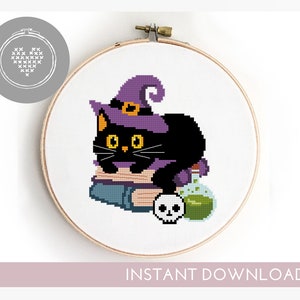 Halloween kat geteld kruissteekpatroon silhouet dier pompoen steekkaart DIY schattig - kruissteekpatroon (digitaal formaat - pdf)