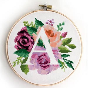 Letter A counted cross stitch pattern monogram floral peony roses bouquet nursery baby wedding - Cross Stitch Pattern (Digital Format - PDF)