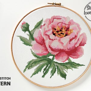 Pioenroos kruissteekpatroon aquarel bloemen grafiek woondecoratie DIY cadeau instant download pdf - kruissteekpatroon (digitaal formaat - pdf)