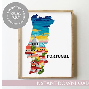 May include: Cross stitch pattern of Portugal, featuring a colorful cityscape with a sunset sky. The pattern is framed and includes the word "PORTUGAL" in black text.