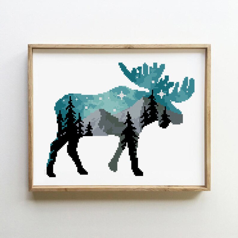 Moose Cross Stitch Pattern Star Sky Camping Nature Modern | Etsy