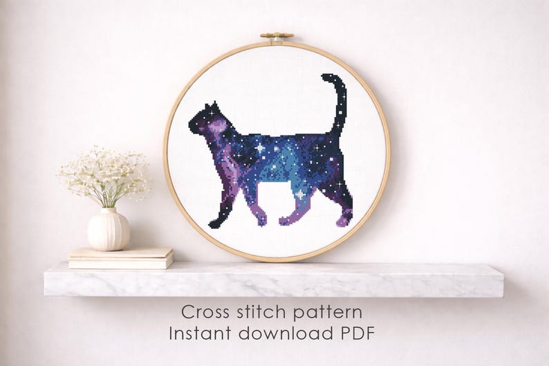 Galaxy Cat Cross Stitch Pattern PDF, Cosmic Cat Embroidery Design, Space Cat Cross Stitch, Celestial Animal Pattern, Instant Download image 10