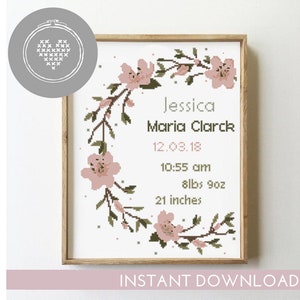 Cherry blossom wreath cross stitch floral baby girl announcement nursery personalized custom - Cross Stitch Pattern (Digital Format - PDF)