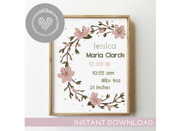 Cross Stitch Pattern Cherry blossom wreath cross stitch floral baby girl announcement nursery personalized custom Digital Format - PDF