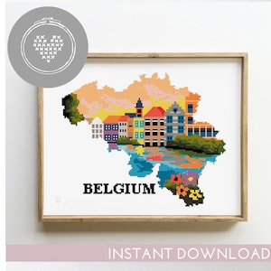 Patrón de punto de cruz de Bélgica / Gráfico de silueta de Bruselas / Bordado de paisaje urbano / Patrón PDF moderno / Descarga digital