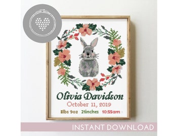 Floral birth announcement with bunny counted cross stitch pattern cute rabbit floral wreath - Cross Stitch Pattern (Digital Format - PDF)