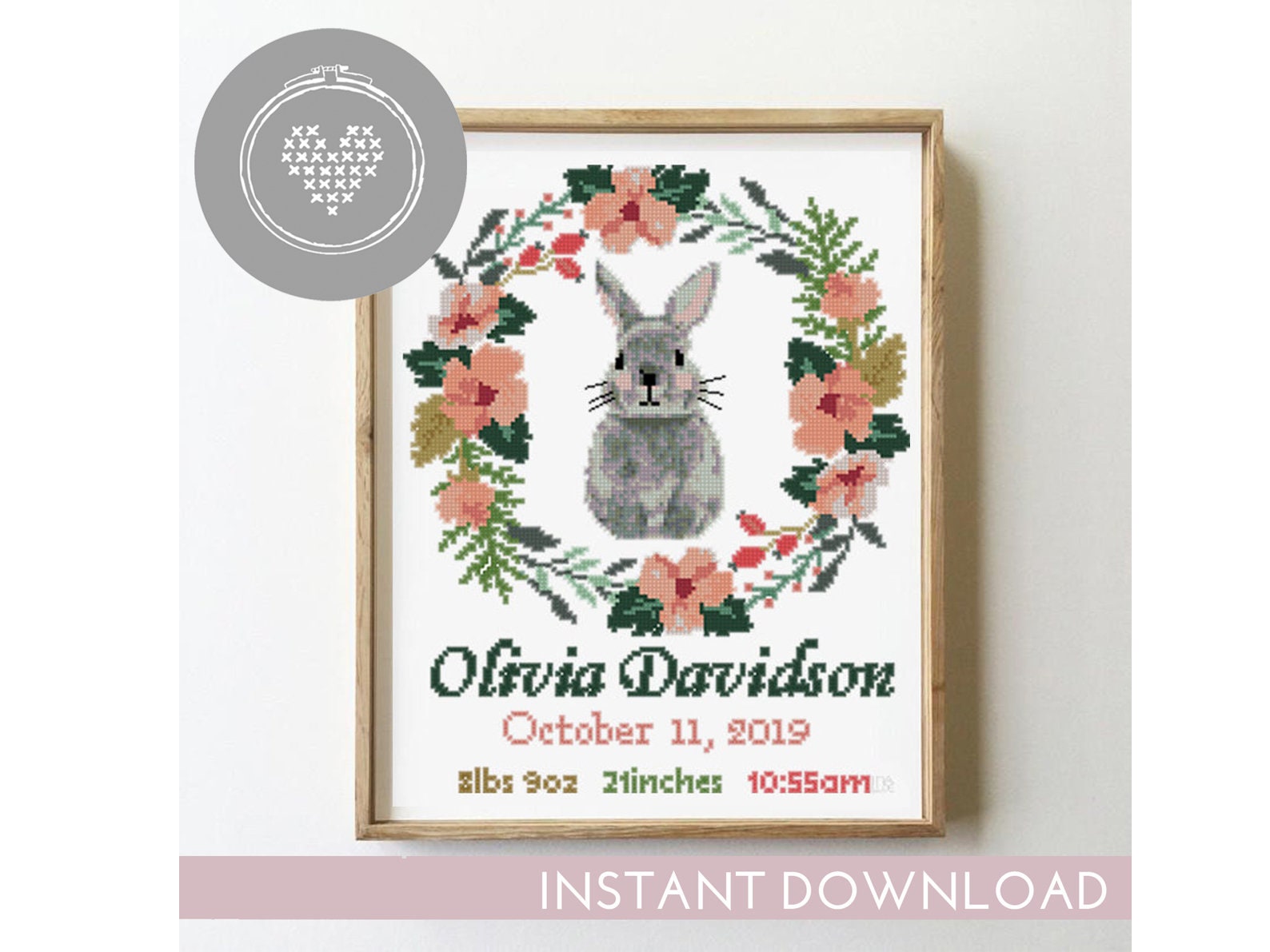 Bunny Floral Birth Announcement Cross Stitch Pattern: Nursery Decor (PDF)
