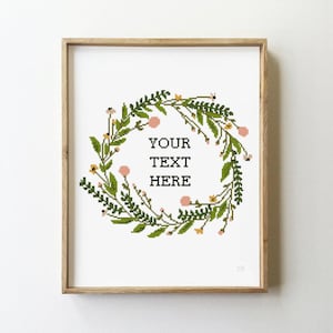 Custom Text Cross Stitch Pattern PDF | Floral Wreath Design | Personalized Green Flowers DIY Xstitch