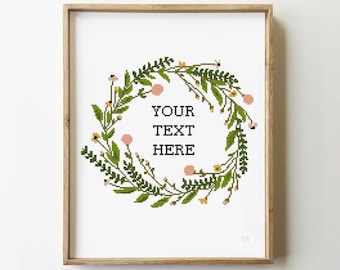 Custom text cross stitch pattern your text here wreath floral green flowers round easy design - Cross Stitch Pattern (Digital Format - PDF)