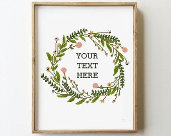 Custom Text Cross Stitch Pattern PDF | Floral Wreath Design | Personalized Green Flowers DIY Xstitch