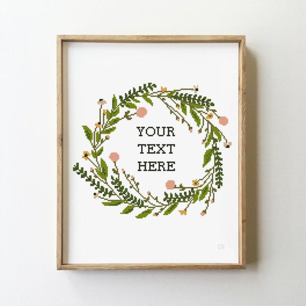 Custom text cross stitch pattern your text here wreath floral green flowers round easy design - Cross Stitch Pattern (Digital Format - PDF)