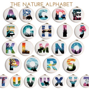 The nature Alphabet 26 in 1 counted cross stitch pattern monogram forest nursery wedding sky - Cross Stitch Pattern (Digital Format - PDF)