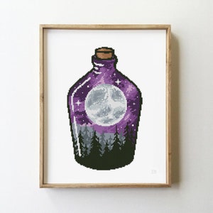 Landschaft in Flasche Kreuzstich Muster PDF | Mond Berge Wald Design | Natur Glas Szene | Gezählte DIY Kreuzstich Vorlage