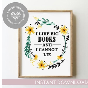 Ik hou van grote boeken kruissteekpatroon krans bloemen bloemcitaat xstitch grappige kaart xstitch - kruissteekpatroon (digitaal formaat - pdf)