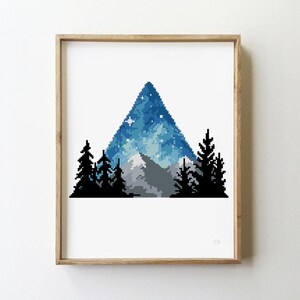 Landschaft im Dreieck Kreuzstichmuster | Wald Natur Szene | Einfaches modernes Xstitch-Design | PDF Stickvorlage