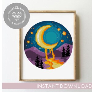 Moon Landscape Cross Stitch Pattern: Modern Nature Embroidery (PDF)