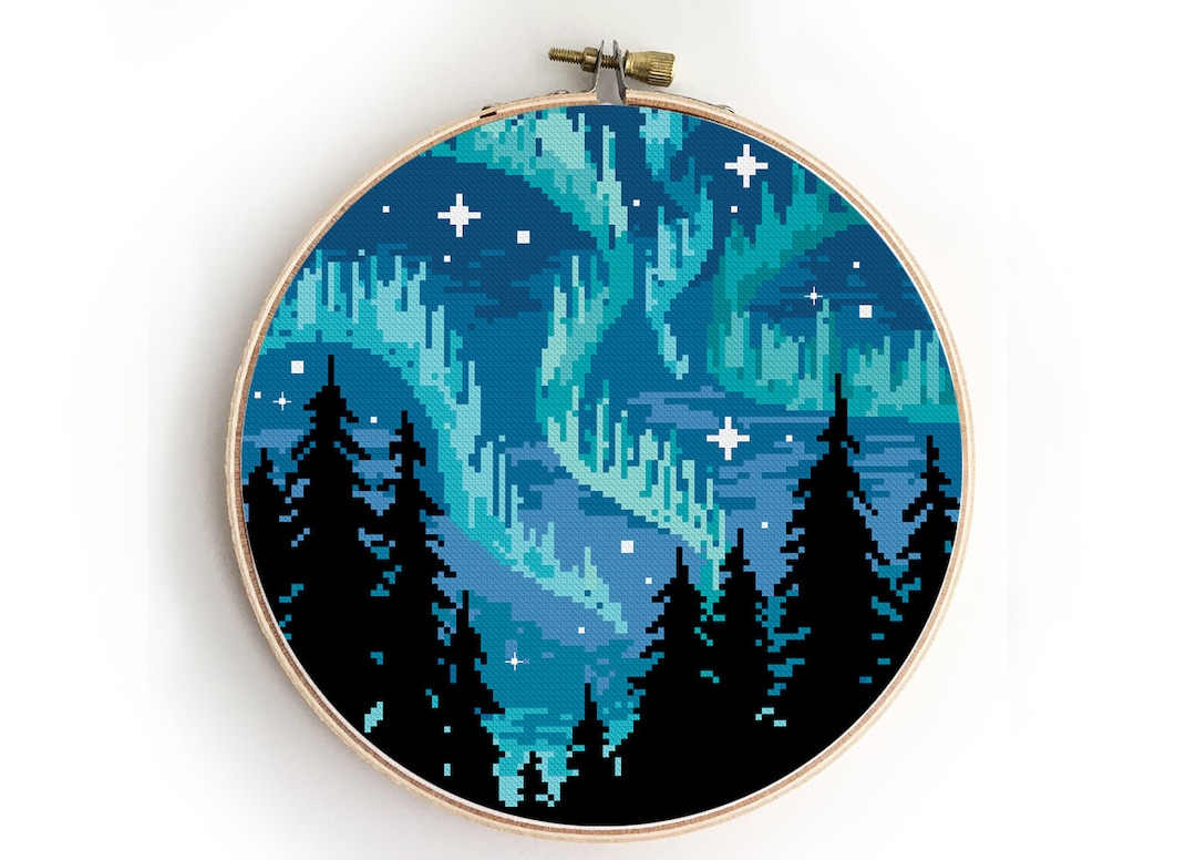 Northern Lights Cross Stitch Pattern Trees Camping Nature - Etsy