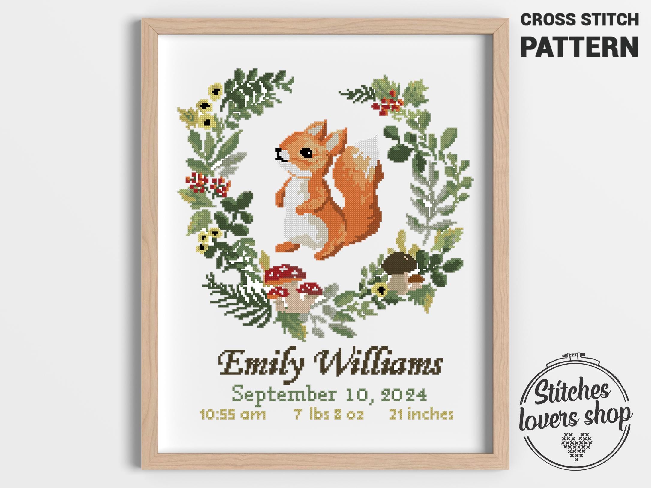 Squirrel Birth Announcement Cross Stitch Pattern: Floral Wreath (PDF Chart)  - Etsy, image size:2171x1628
