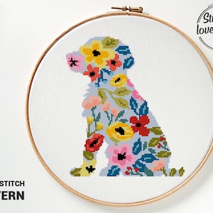 Dog Cross Stitch Pattern PDF | Modern Silhouette Floral Design | Easy DIY Animal Xstitch | Counted Embroidery Chart