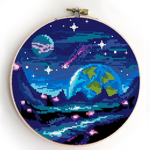 Landscape cross stitch pattern DIY xstitch nature design easy chart galaxy space earth planet - Cross Stitch Pattern (Digital Format - PDF)
