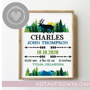 Padrão de ponto cruz para anúncio de nascimento em montanhas em PDF | Amostra de bebê para berçário | Tema de aventura Xstitch | Gráfico de contagem faça você mesmo