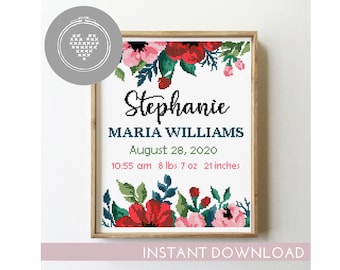 Puede incluir: Un patrón de punto de cruz con un diseño floral con flores rojas, rosas y verdes. El patrón incluye el nombre "Stephanie Maria Williams", la fecha "28 de agosto de 2020" y la hora y las medidas "10:55 am 8 libras 7 onzas 21 pulgadas".
