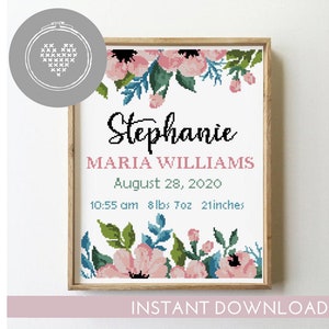 Floral bouquet birth announcement counted cross stitch pattern baby nursery personalized flower- Cross Stitch Pattern (Digital Format - PDF)