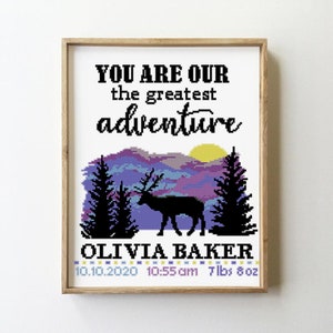 Patrón de punto de cruz para anuncio de nacimiento de montaña / Muestrario de bebé aventurero / Decoración infantil de género neutro / Gráfico en PDF DIY / Punto de cruz contado
