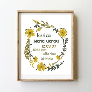 Wildflowers wreath cross stitch floral baby girl boy announcement nursery personalized custom - Cross Stitch Pattern (Digital Format - PDF)