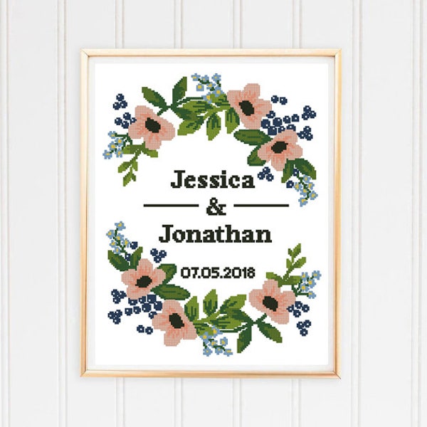 Floral wreath counted wedding cross stitch record leaf peony floral flowers engagement bridal - Cross Stitch Pattern (Digital Format - PDF)