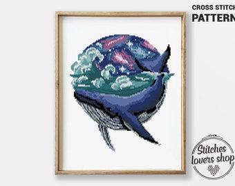 Modèle de point de croix baleine : décoration de chambre d'enfant lune océan (téléchargement numérique)