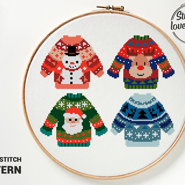 Christmas jumpers cross stitch pattern festive deer Santa Claus snowman sweaters counted chart - Cross Stitch Pattern (Digital Format - PDF)