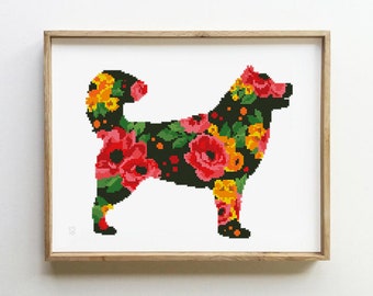 Silueta de perro floral patrón punto de cruz contado silueta animal vivero diseño regalo fácil - Patrón Punto de Cruz (Formato Digital - PDF)