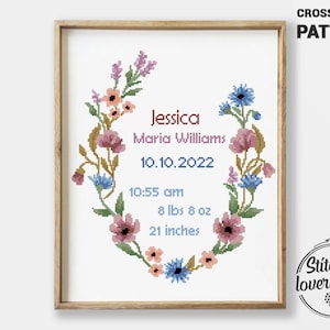 Kruissteekpatroon geboortekaartje wilde bloemen | Babykamer gepersonaliseerde xstitch | DIY-kaart bloemen | Modern borduurwerk-pdf
