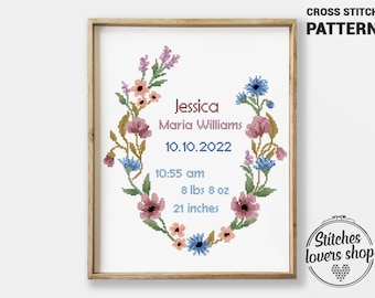 May include: Cross stitch pattern of a birth announcement with the name "Jessica" and birth details. The design features a floral wreath in pink, blue, and green, with the text "10.10.2022", "8 lbs 8 oz", and "21 inches".