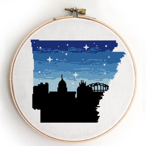 Modèle de point de croix de l'État de l'Arkansas, silhouette de carte de Little Rock, motif galaxie nuit étoilée des États-Unis - Grille de point de croix (format numérique - PDF)