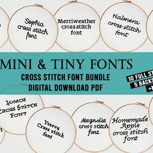 Könnte beinhalten: Grafik zum digitalen Download mit verschiedenen Kreuzstich-Schriften. Das Bild zeigt Schriftarten wie Roboto, Sophia und Merriweather, die in Stickrahmen dargestellt werden. Der Text lautet "Mini & Tiny Fonts" und "Cross Stitch Font Bundle". Enthält 10 Vollstich-Schriften und 5 Rückstich-Schriften.