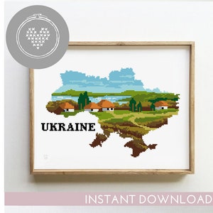 Patrón de punto de cruz de Ucrania / Silueta de paisaje PDF / Punto de cruz natural / Diseño de bordado DIY / Patrón de mapa del país / Descarga digital