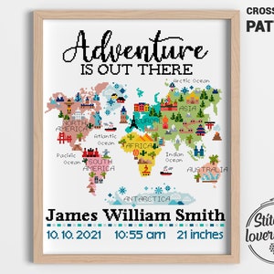 World map cross stitch pattern birth announcement xstitch easy DIY chart - Cross Stitch Pattern (Digital Format - PDF)