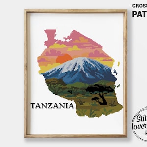 Tansania Kreuzstichmuster | Kilimanjaro Landschaft Xstitch | Natur DIY-Chart | Silhouette Stickdatei PDF