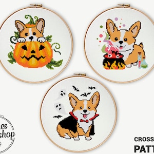 Set of 3 Corgi dogs counted cross stitch pattern animal chart DIY cute Halloween modern - Cross Stitch Pattern (Digital Format - PDF)