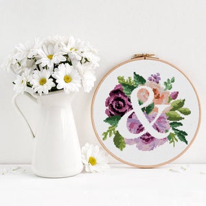 Ampersand counted cross stitch pattern monogram floral peony roses bouquet nursery baby wedding- Cross Stitch Pattern (Digital Format - PDF)