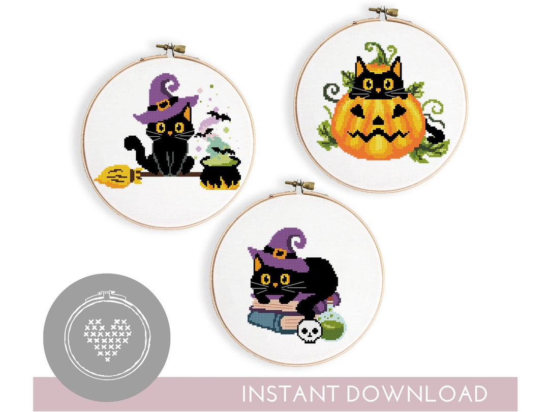 Halloween Cat Cross Stitch Pattern Set: Spooky DIY Embroidery (PDF) - Etsy