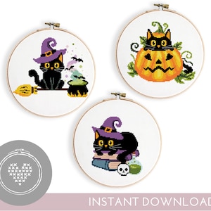 Set van 3 Halloween-kat kruissteekpatronen pdf | DIY-kaart met schattige dieren | Getelde xstitch voor griezelig seizoen