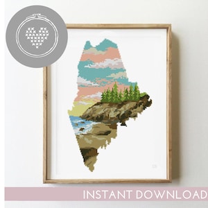Maine State Kreuzstichmuster | Silhouette Landschaft | Meer Natur Design | Einfache USA Kartenstickerei | PDF-Chart | Amerikanisches Dekor