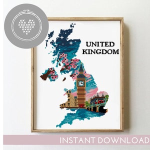 United Kingdom cross stitch pattern London landscape nature xstitch DIY chart silhouette - Cross Stitch Pattern (Digital Format - PDF)