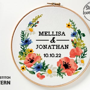Kruissteekpatroon wilde bloemen bruiloft | Bloemenkrans pdf | Makkelijk doe-het-zelfcadeau | Getelde x-steektabel | Modern borduurwerk