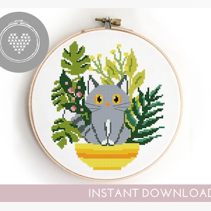 Kat in plant kruissteekpatroon dierenpotten bladeren dier steekkaart DIY schattig geteld - kruissteekpatroon (digitaal formaat - pdf)