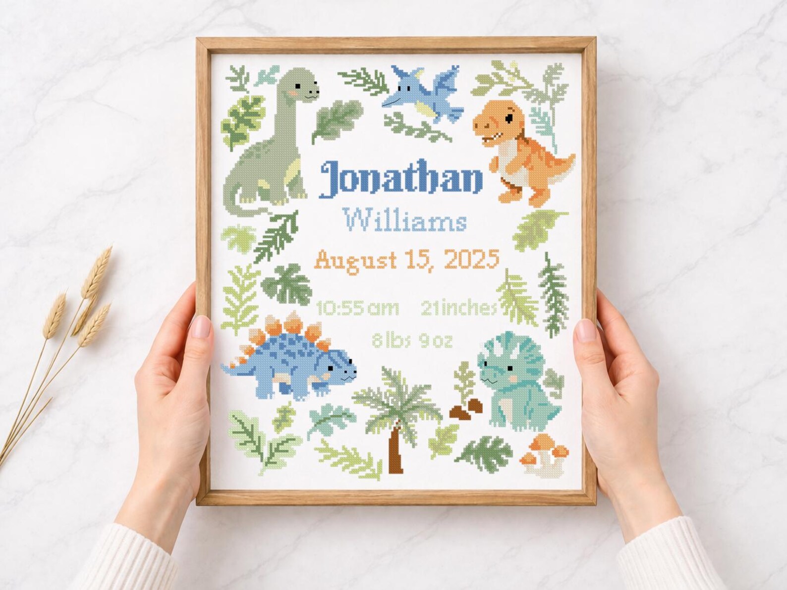 Dinosaur Birth Announcement Cross Stitch Pattern PDF, Baby Name Sampler ...